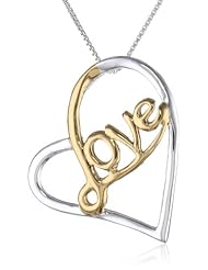 Two-Toned Sterling Silver with Yellow Gold Flashed Open Heart with "Love" Pendant Necklace, 18"