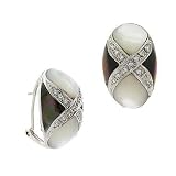 Art Deco Sterling Silver .925 Genuine Gray White Mother of Pearl MOP Stone Simulated Diamond cz X Inlay Ribbon Design Omega Back Earrings