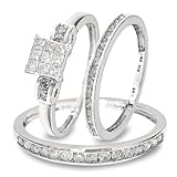 1 Carat T.W. Round, Princess Cut Diamond Wedding Band Set 10K White Gold Three Ring - Ladies Engagement Ring, Wedding Band & Mens Wedding Band - Free Gift Box -