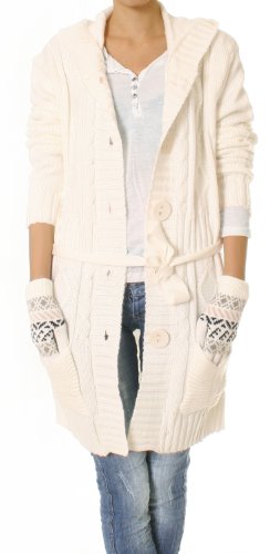 Damen Strickjacke Cardigan Einheitsgröße S-L Kapuzenjacke Creme Neu Grobstrick Jacken