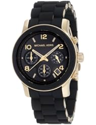 Women Michael Kors MK5191 Black Rubber Link Bracelet Gold Tone Stainless Steel