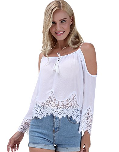 VIISHOW Women's Strap Off Shoulder Lace Crochet Crop Top Blouse (S, White)