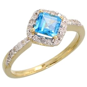 14k Gold Stone Ring, w/ 0.25 Carat Brilliant Cut Diamonds & 0.65 Carat 5mm Princess Cut Blue Topaz Stone, 3/8" (9mm) wide