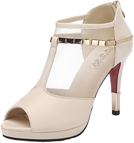 Kiwii Women Fashion Sexy Peep Toe Platform Leather Mesh Rivet Thin Heel Pump Stiletto Shoes(6 B(M) US, Beige)