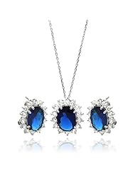 Nickel Free Sterling Silver Necklace & Earring Sets Blue Cubic Zirconia Stones Set Pendant 17Mm X 21Mm Earring 14Mm X 17Mm Chain 16-18 Inches
