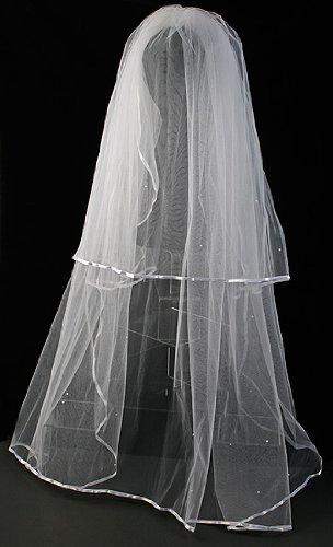 White Two Tier Bridal Veil with Satin Edges & Scattered Pearls
