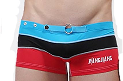 Men's Summer Stretch Buckle Swimwear Strips Swimming Trunks (Blue Size L)