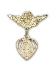14K Gold Baby Badge with Miraculous Charm and Angel with Wings Badge Pin