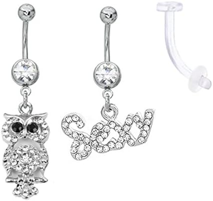Belly Button Ring Owl with Sexy Logo Belly Ring Surgical Steel and Bioplast Retainer 14 Gauge (3 Pieces)
