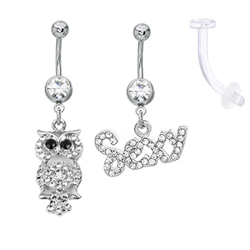 Belly Button Ring Owl with Sexy Logo Belly Ring Surgical Steel and Bioplast Retainer 14 Gauge (3 Pieces)