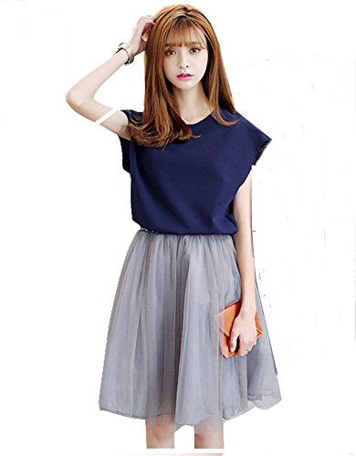 (Touch VIP） ドッキングワンピース フレンチスリーブ ウエスト切替 チュールスカート 重ね着 上品 チェニック