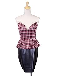 Plaid Print Peplum Sweetheart Faux-Leather Party Dress 