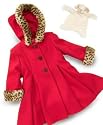 Trilogi Baby Girl Wool Coat with Leopard-Print Faux Fur Trim