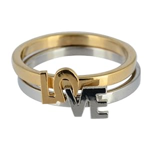 Kadima Fashion Stainless Steel High Polished LOVE 2pcs Wowen Ring Steel/Gold 2-Tone Size:6