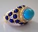 Kenneth Jay Lane Large Turquoise Center Cocktail Ring w/ Lapis Cabs & Crystal Embellishments On A Gold Ring