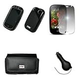 EMPIRE Black Leather Case Pouch with Belt Clip and Belt Loops + Black with Multi Color Squares Design Snap-On Cover Case + Mirror Screen Protector + Retractable Car Charger (CLA) for Verizon Palm Pre 2