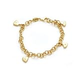 14K Yellow Gold Link Bracelet, Enhanced with Four Dangling Bezel Set Diamond Heart Charms.