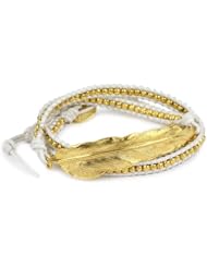 M.Cohen Handmade Designs Gold Bead and Feather Charm On White Triple Wrap Bracelet