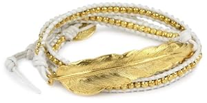 M.Cohen Handmade Designs Gold Bead and Feather Charm On White Triple Wrap Bracelet