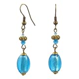Earrings - E318 - Murano Style Glass and Antique Gold Tone Beads - Oval ~ Aqua