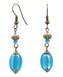 Earrings - E318 - Murano Style Glass and Antique Gold Tone Beads - Oval ~ Aqua