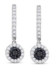 14K White Gold Round Brilliant Cut Black and White Diamond - Flower Shape Channel Set Dangle Earrings - (1/2 cttw.)