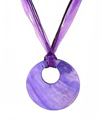 Necklace - N233 - Large Round Shell (2-1/2") hung on 5-Strand Organza Cord ~ Purple