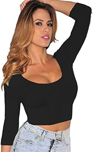 Sexy Womens 3/4 Sleeves Seamless Perfect Fit Crop Top (Black)