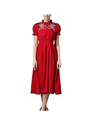 Short Sleeves Vintage Floral Print Cotton/Linen Elasticized   Waistline Midi Dress 