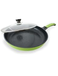 Bella Flame 12" Green Ceramic Coated Nonstick Fry Pan w/ Glass Lid by Amorè, Floral Pattern Texture, Beautiful & Elegant Design, Nano Ceramic Coating (100% PTFE & PFOA Free)