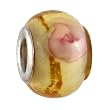 Pandora Style Charm Bead (Z438) - Glass (14mm x 10mm) (fits Troll too) ~ Cream with Pink Rose and Copper Foil