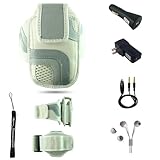 White Adjustable Deluxe Sportband / Workout Armband with Adaptable Neck Str ....