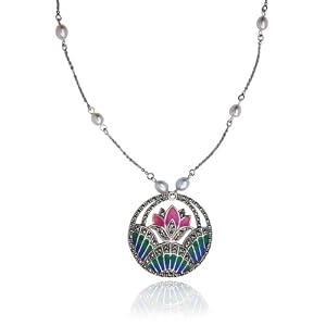 Sterling Silver Marcasite and Multi-Color Epoxy Circle and Pearl Necklace