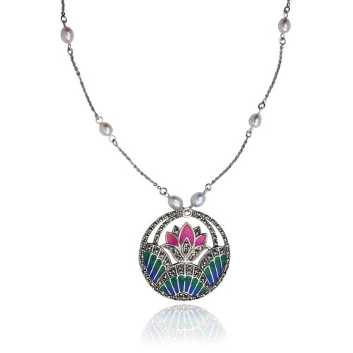 Sterling Silver Marcasite and Multi-Color Epoxy Circle and Pearl Necklace