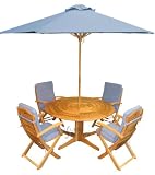 Fsc Hardwood Round 4 seater Table Set With Pedestal Table And 4 Ascot Hardwood Folding Armchairs Complete With Cushions And Parasol