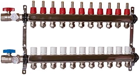 SAMIR PLUMBING 12 Loop 1/2" Pex Manifold with Ball Valve Stainless Stell Radiant Floor Heating Set / Twelve Branch Kit