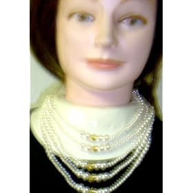 Five Strand Ivory Color Graduated Cultured Pearl Long Chain Necklace By Jolly with Gold Bead in...