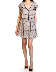 V-neck Vintage  Ruched Pleated Polyester/Satin Polka Dot Print Elasticized   Waistline  Dress With Ruffles