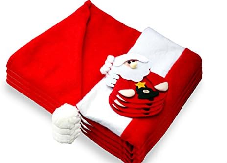 Santa Claus Hat Chair Covers (4 Pack) with Silverware Holder Pockets (4 Pack) - Christmas Slipcovers Decoration - For Parties, Events and to spread the Christmas Spirit!