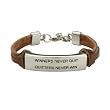 12mm Wide Stainless Steel "Winners Never Quit" Suede Bracelet 8"