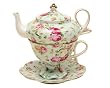Gracie China 4-Piece Porcelain Tea for One, Stacked Teapot Cup Saucer, Blue Cottage Rose Chintz