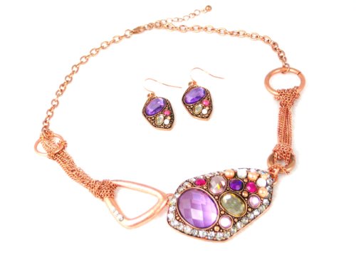 Pink Copper Chain Necklace and Earring Set with Pink and Purple Crystal Stones On Large Pendant