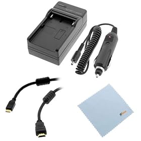 GTMax FM500H Battery Charger with Car Adapter + Mini HDMI Cable + Microfiber Cleaning Cloth for Sony SLR A57 A65 A77 A450 A500 A550 A560 A580 A700 A850 A900