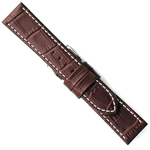 【クリックでお店のこの商品のページへ】松重オリジナル YK001BW-24 24mm デカ時計用牛革マット型押し・白糸ステッチ チョコ色