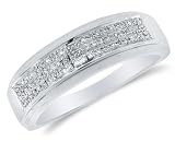 .925 Sterling Silver Plated in White Gold Rhodium Diamond MENS Wedding Band OR Fashion Ring - w/ Micro Pave Set Round Diamonds - (1/5 cttw)
