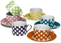 Yedi Houseware Classic Coffee and Tea White Dots Teacups and Saucers, Set of 6