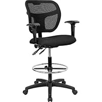 Black Fabric and Mesh and Mesh Drafting Stool with Arms - WL-A7671SYG-BK-AD-GG