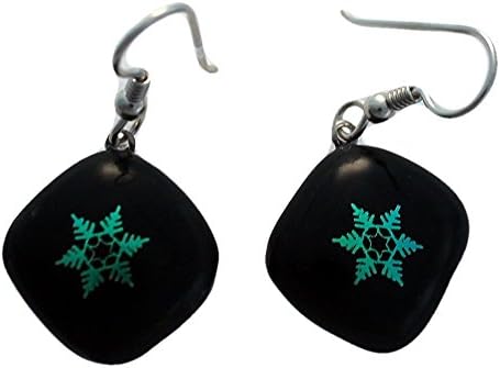 Jewels of Fire Christmas Blue/Green Dichroic Glass Snowflake Drop Earrings on a Black Background