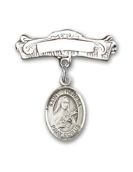 Sterling Silver Baby Badge with St. Theresa Charm and Arched Polished Badge Pin