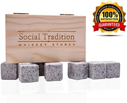 Elegant Whiskey Stone Set in Pine Wood Gift Case -Natural Soapstone- Lifetime guarantee